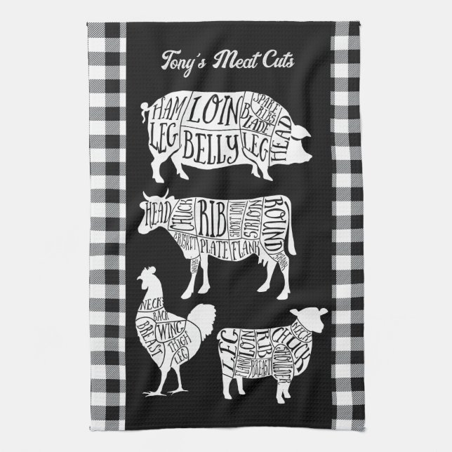 Farmer Butcher Meat Cuts Tea Towel | Vintage Beef  (Vertical)