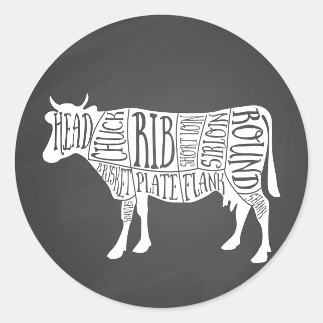 farmer cow beef butcher meat cuts art small holder classic round sticker (Front)