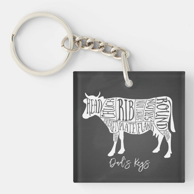 farmer cow beef butcher meat cuts art small holder key ring (Front)