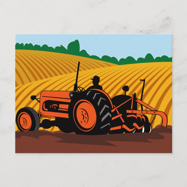 farmer driving farm tractor ploughing field postcard (Front)