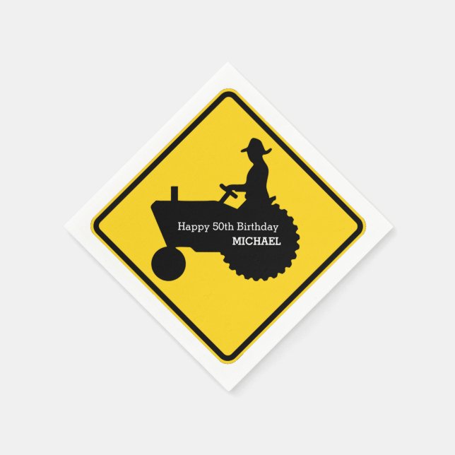 Farmer Driving Tractor Road Sign Personalised Napkin (Corner)