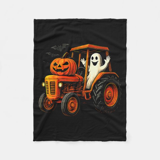 Farmer Ghost Tractor Pumpkin Soky Season Halloween Fleece Blanket (Front)