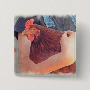 Farmer Hugging Chicken Painted Style 15 Cm Square Badge