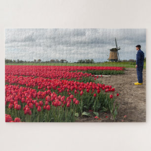 Farmer inspecting his tulips and windmill jigsaw puzzle