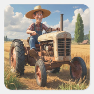 Farmer On Tractor Square Sticker