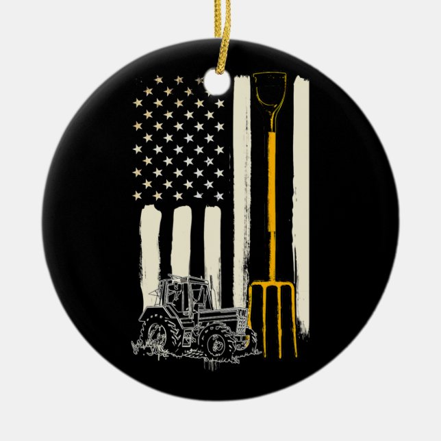 Farmer Patriot American Flag Tractor Rancher Ceramic Ornament (Front)