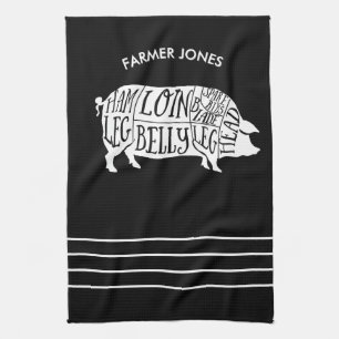 Farmer Pig Meat Cuts Kitchen Towel Butcher Diagram