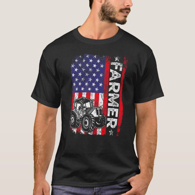 Farmer Rancher Tractor American USA Flag Farming T-Shirt (Front)