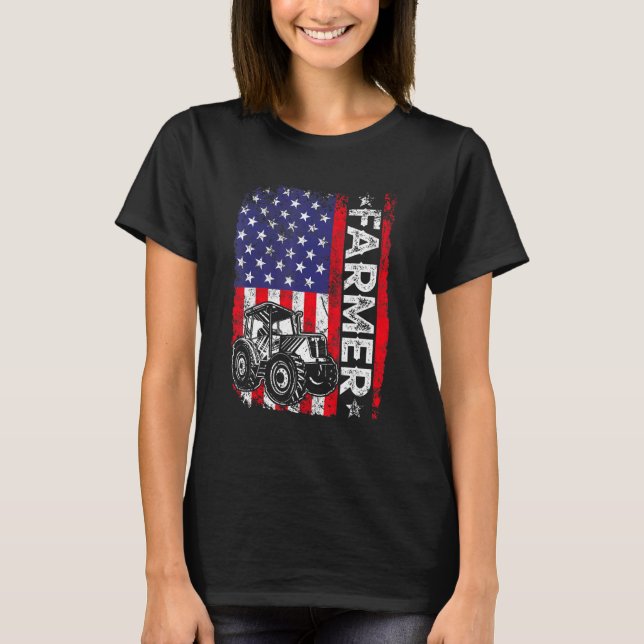 Farmer Rancher Tractor American USA Flag Farming T-Shirt (Front)