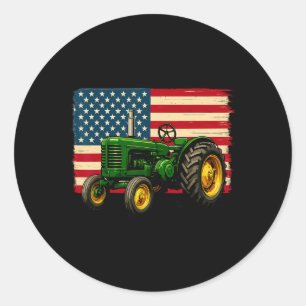 Farmer Tractor Usa Flag 4th Of July Classic Round Sticker