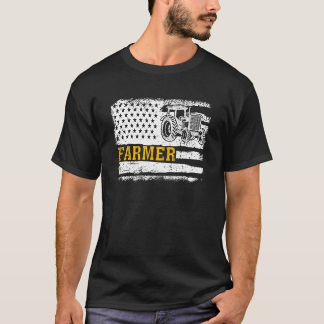 Farmer USA Flag Rancher Barnyard Harvest Farming B T-Shirt (Front)