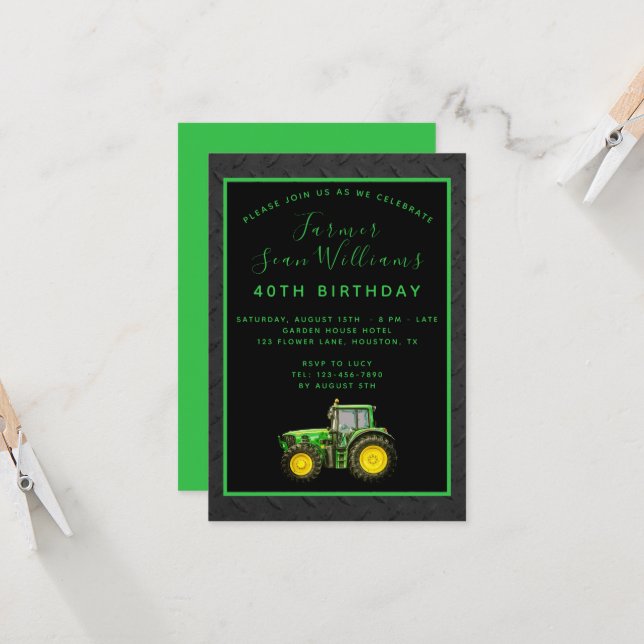 Farmer's 40th Birthday Party Invitation (Front/Back In Situ)
