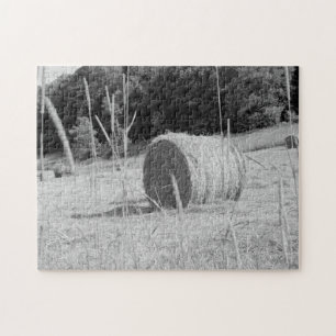 Farmers Hay Field Scene B&W Round Bales in Summer Jigsaw Puzzle