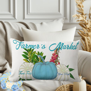 Farmers Market Fall Pumpkins White Blue Harvest  Lumbar Cushion