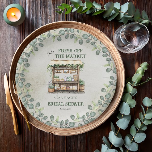 Farmer's Market Farm Stand Welcome Bridal Shower Paper Plate ("She's Fresh Off the Market" Farm Stand and Eucalyptus Farmer's Market Bridal Shower Paper Plates)