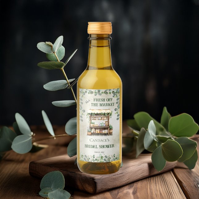 Farmer's Market Farm Stand Welcome Bridal Shower Wine Label ("She's Fresh Off the Market" Farm Stand and Eucalyptus Farmer's Market Bridal Shower Wine Label)