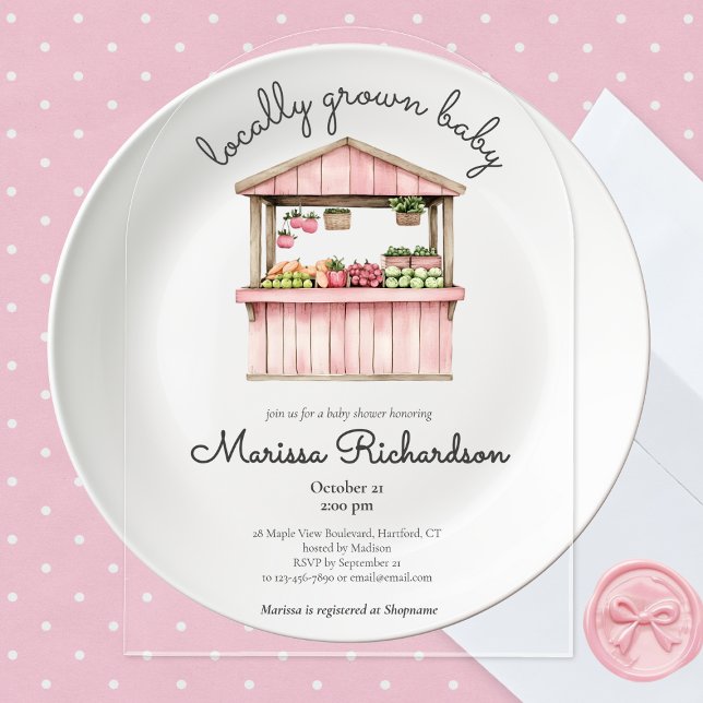 Farmers Market Girl Baby Shower Acrylic Invitations (cute whimsical rustic pink locally grown baby farmers market baby girl shower acrylic invitation)
