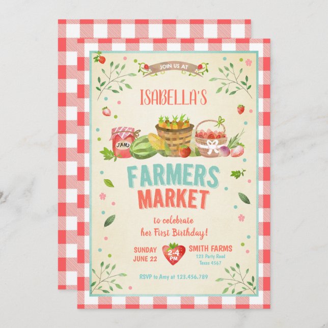 Farmers Market Grown Veggies Fruits Red Girl Party Invitation (Front/Back)
