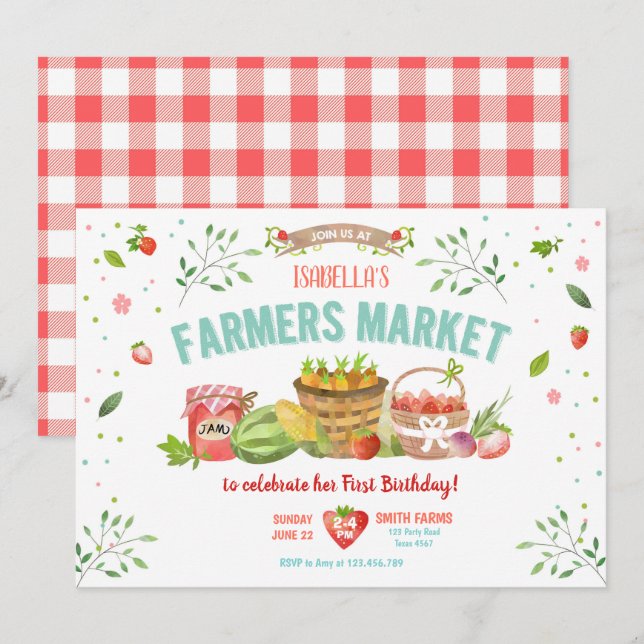 Farmers Market Grown Veggies Fruits Red Girl Party Invitation (Front/Back)