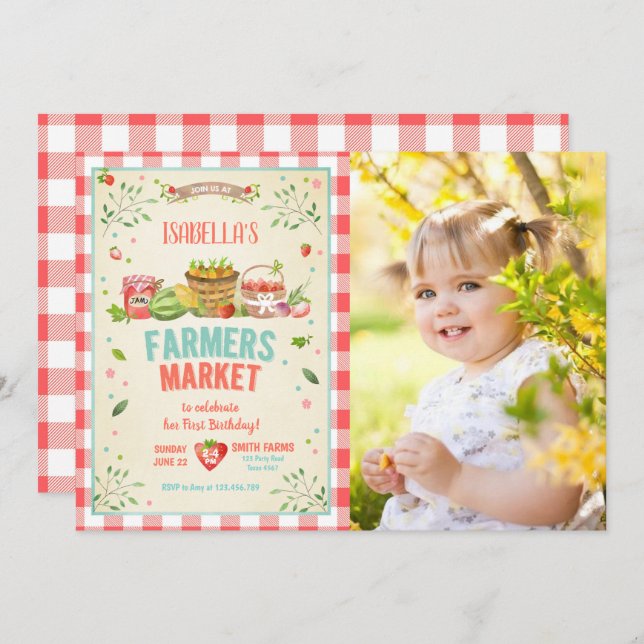 Farmers Market Grown Veggies Fruits Red Girl Party Invitation (Front/Back)