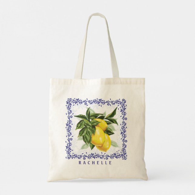 Farmers Market Lemons & Blue Toile Tote Bag (Back)