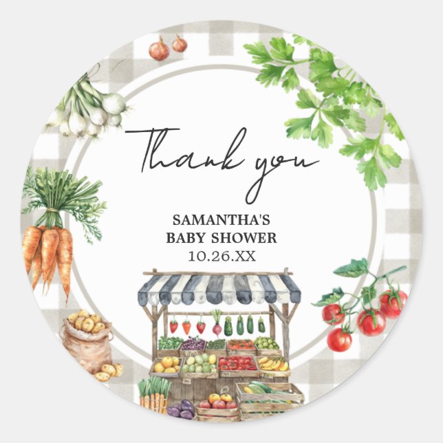 Farmers Market Locally Grown Baby Shower Classic Round Sticker (Front)