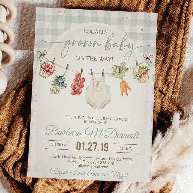 Farmers market Locally grown baby shower Invitation (Rustic farmers market baby shower setup with fresh fruit decorations, wooden crates, and natural col)