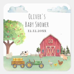 Farmers Market Red Barnyard Tractor Baby Shower Square Sticker