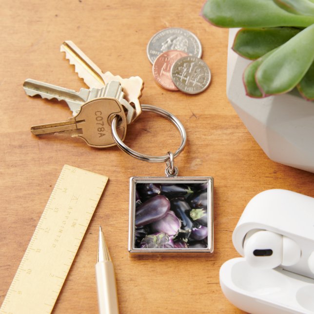 Farmers Market Selection of Purple Eggplants Key Ring (Desk)