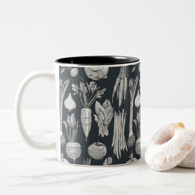 farmer's market vegetables black gunmetal Two-Tone coffee mug (With Donut)