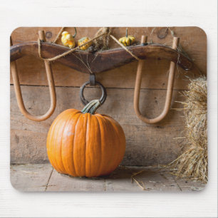 Farmers Museum. Pumpkin in barn with bale of hay Mouse Pad