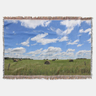Farmers Paradise Blue Skies and Round Hay Bales Throw Blanket
