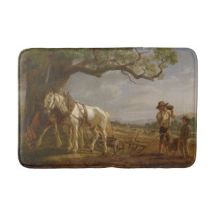 Farmers Resting in a Field With Horses and Plough Bath Mat