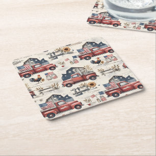 Farmhouse Americana Patriotic 4th of July Pattern Square Paper Coaster