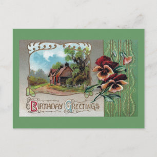 Farmhouse and Pansies Vintage Birthday Postcard