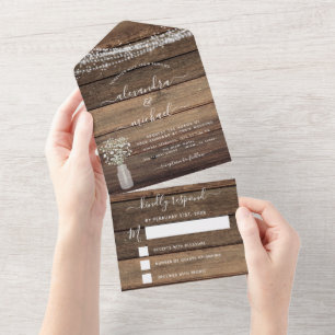 Farmhouse Baby's Breath Rustic Wedding RSVP All In One Invitation
