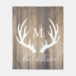 Farmhouse Barn Wood Buck Antlers Family Name Fleece Blanket