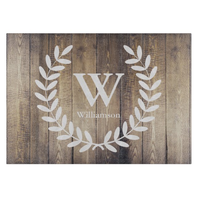 Farmhouse Barn Wood White Laurels Family Name Cutting Board (Front)