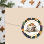Farmhouse Basket of Christmas Gifts  Classic Round Sticker<br><div class="desc">Farmhouse basket of holiday gifts personalised Christmas stickers to seal your holiday cards or favour bags.</div>