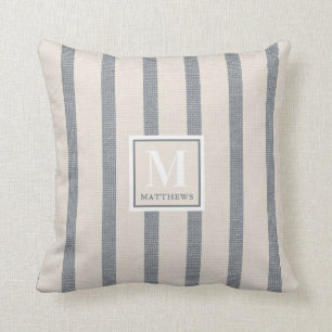 Farmhouse Beige and Country Blue Name Monogram Cushion