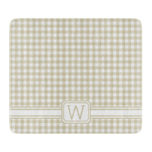 Farmhouse Beige and White Gingham Plaid Monogram Cutting Board