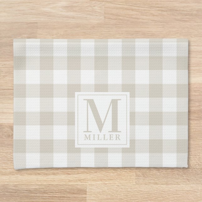 Farmhouse Beige Buffalo Check Family Name Monogram Tea Towel (Creator Uploaded)