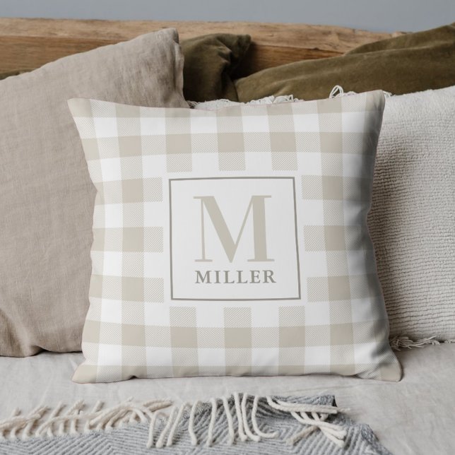 Farmhouse Beige Buffalo Plaid Family Name Monogram Cushion (Creator Uploaded)