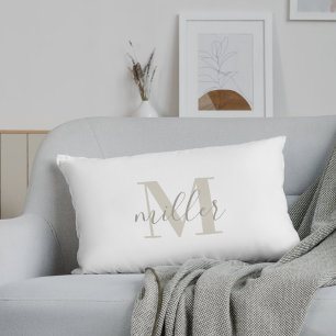 Farmhouse Beige Buffalo Plaid Family Name Monogram Lumbar Cushion