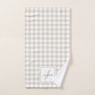 Farmhouse Beige Buffalo Plaid Monogram Hand Towel