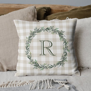 Farmhouse Beige Buffalo Plaid Wreath Monogram Cushion