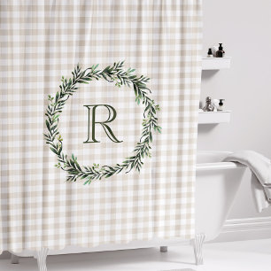 Farmhouse Beige Buffalo Plaid Wreath Monogram Shower Curtain