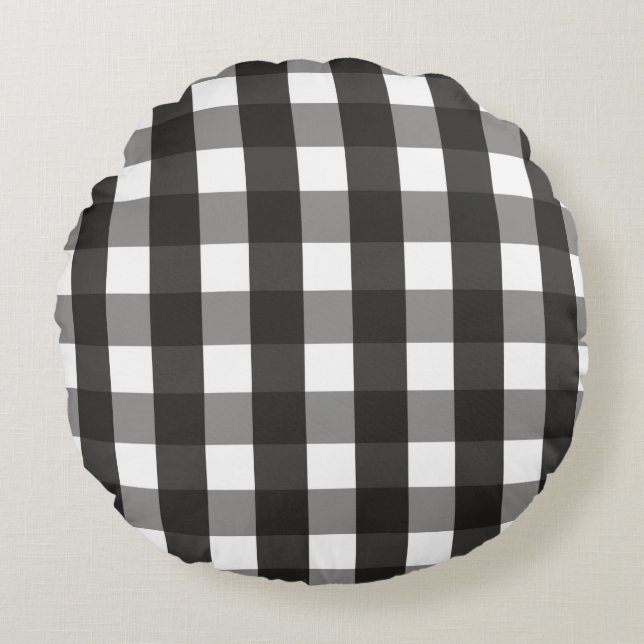 FARMHOUSE BLACK AND WHITE GINGHAM CHECK ROUND CUSHION (Front)
