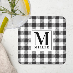 Farmhouse Black Buffalo Check Family Name Monogram Square Paper Coaster