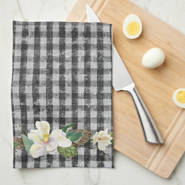 Farmhouse Black Check Rustic White Magnolia Leaves Tea Towel (Quarter Fold)